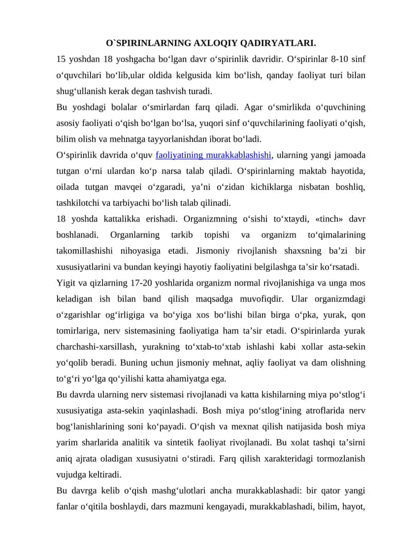 O`SPIRINLARNING AXLOQIY QADIRYATLARI 1