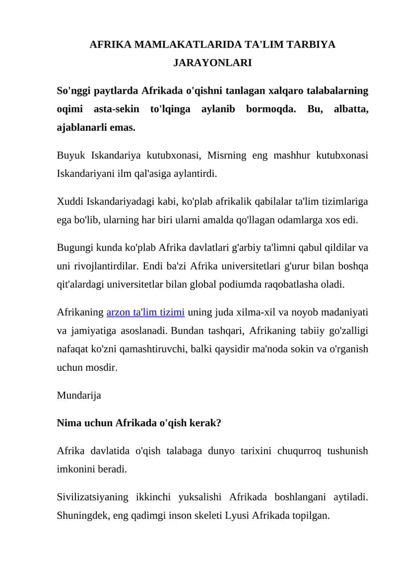Afrika Mamlakatlarda Ta'lim Tarbiya Jarayonlari 1