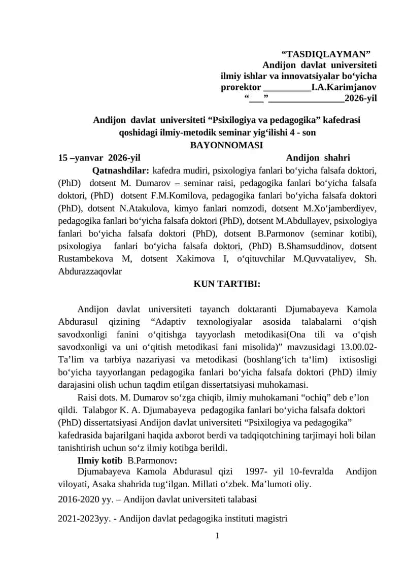 "Psixologiya va pedagogika" kafedrasi ilmiy-metodik seminar 1