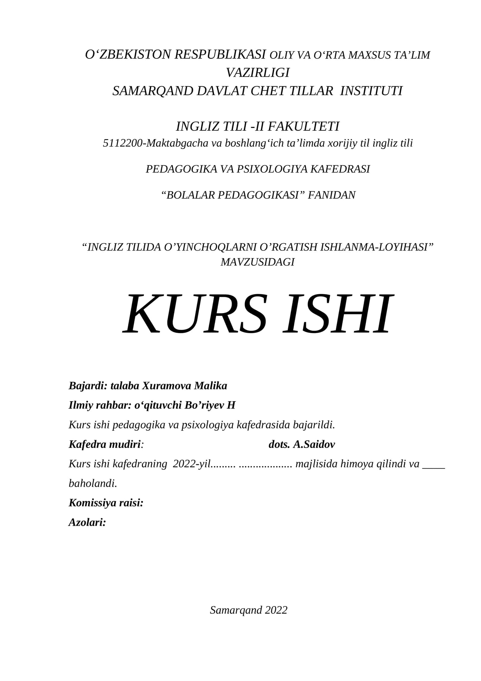 INGLIZ TILIDA O’YINCHOQLARNI O’RGATISH ISHLANMA-LOYIHASI 1