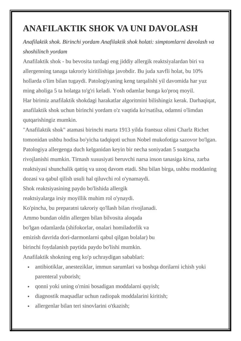Anafilaktik shok va uni davolash 1