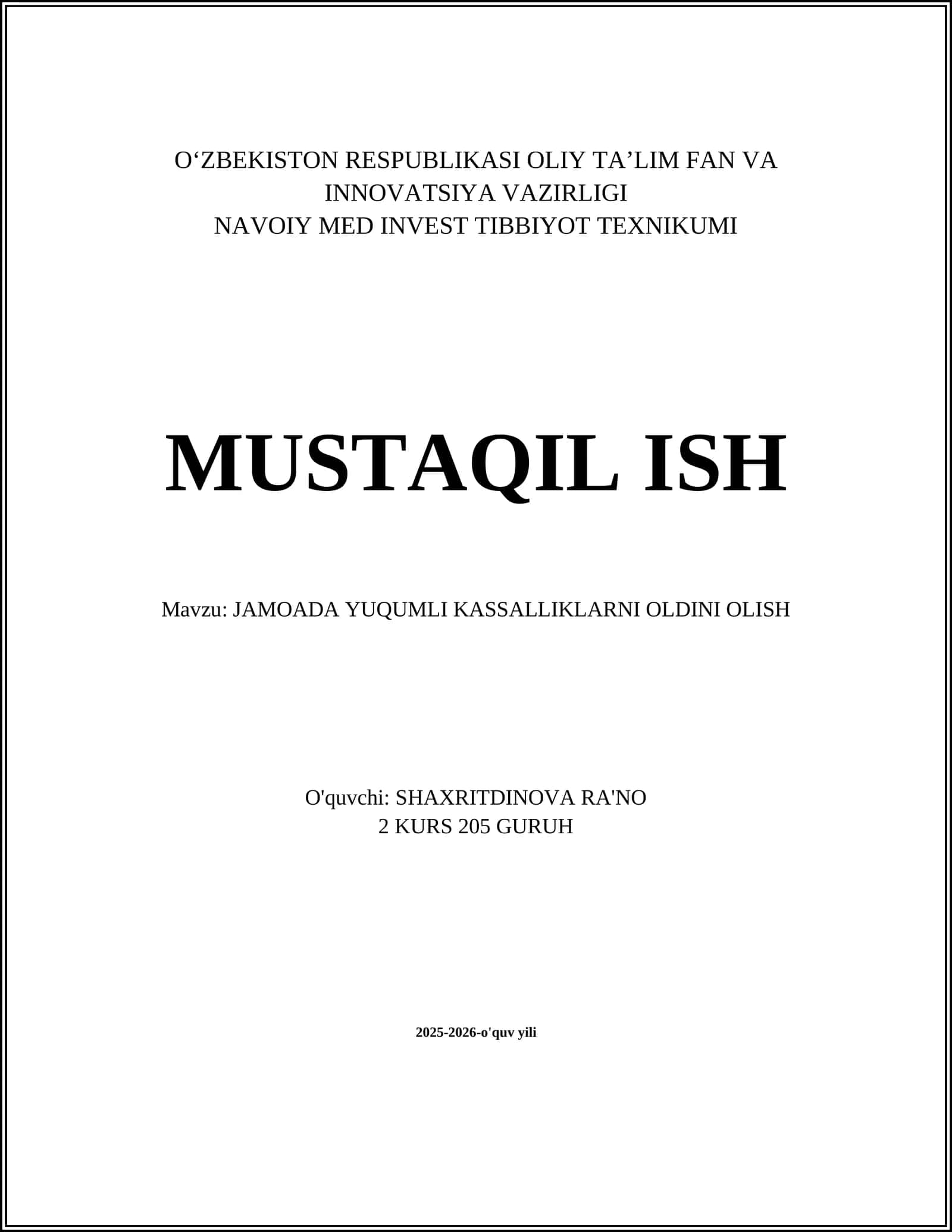 JAMOADA YUQUMLI KASSALLIKLARNI OLDINI OLISH 1