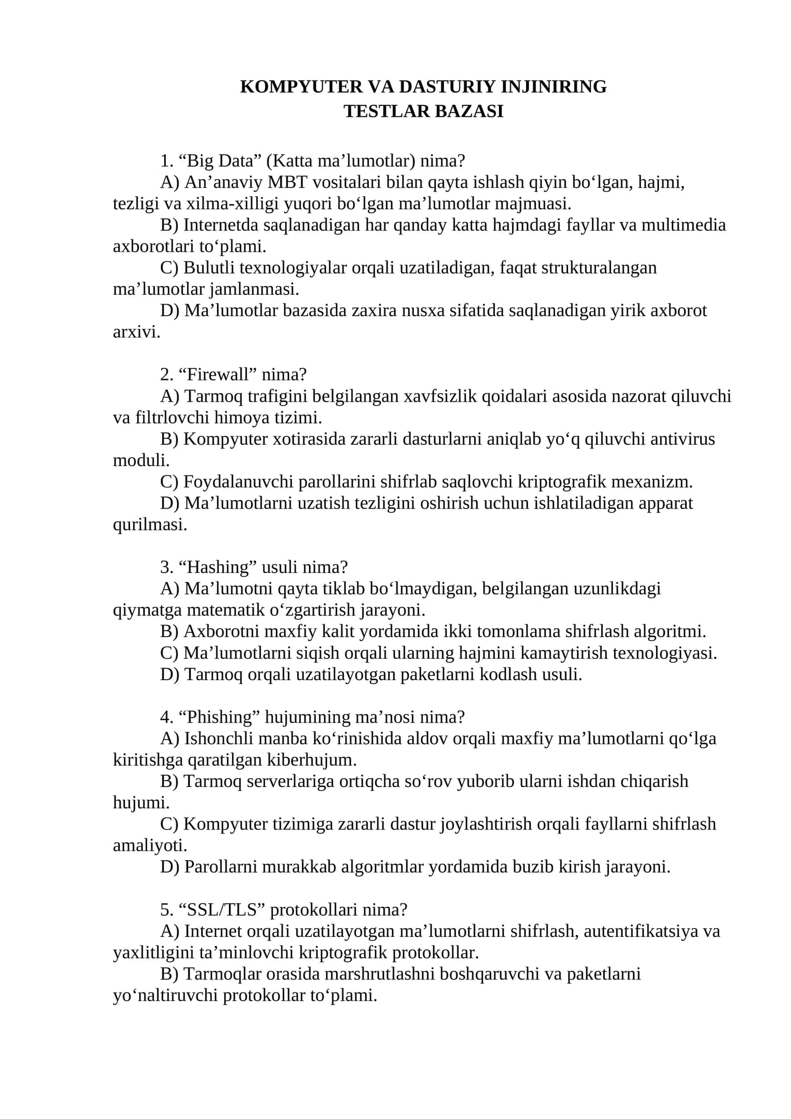 KOMPYUTER VA DASTURIY INJINIRING TESTLAR BAZASI 1