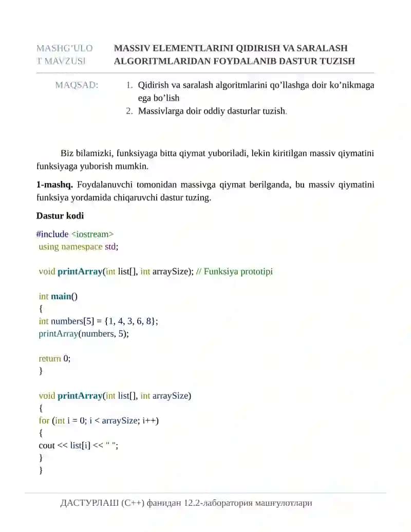 Massiv elementlarini qidirish va saralash algoritmlaridan foydalanib dastur tuzish