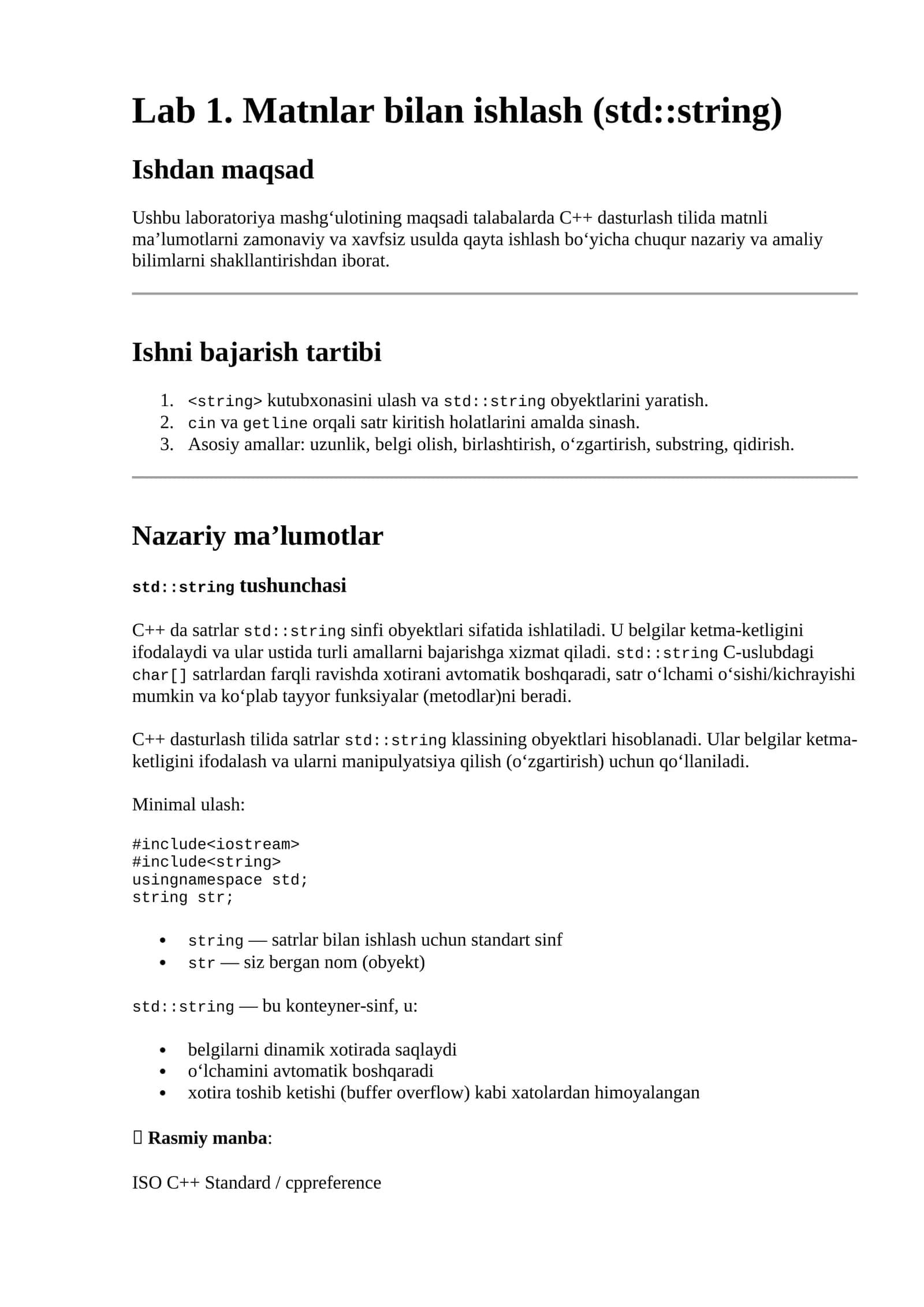 Lab 1. Matnlar bilan ishlash (std::string) 1