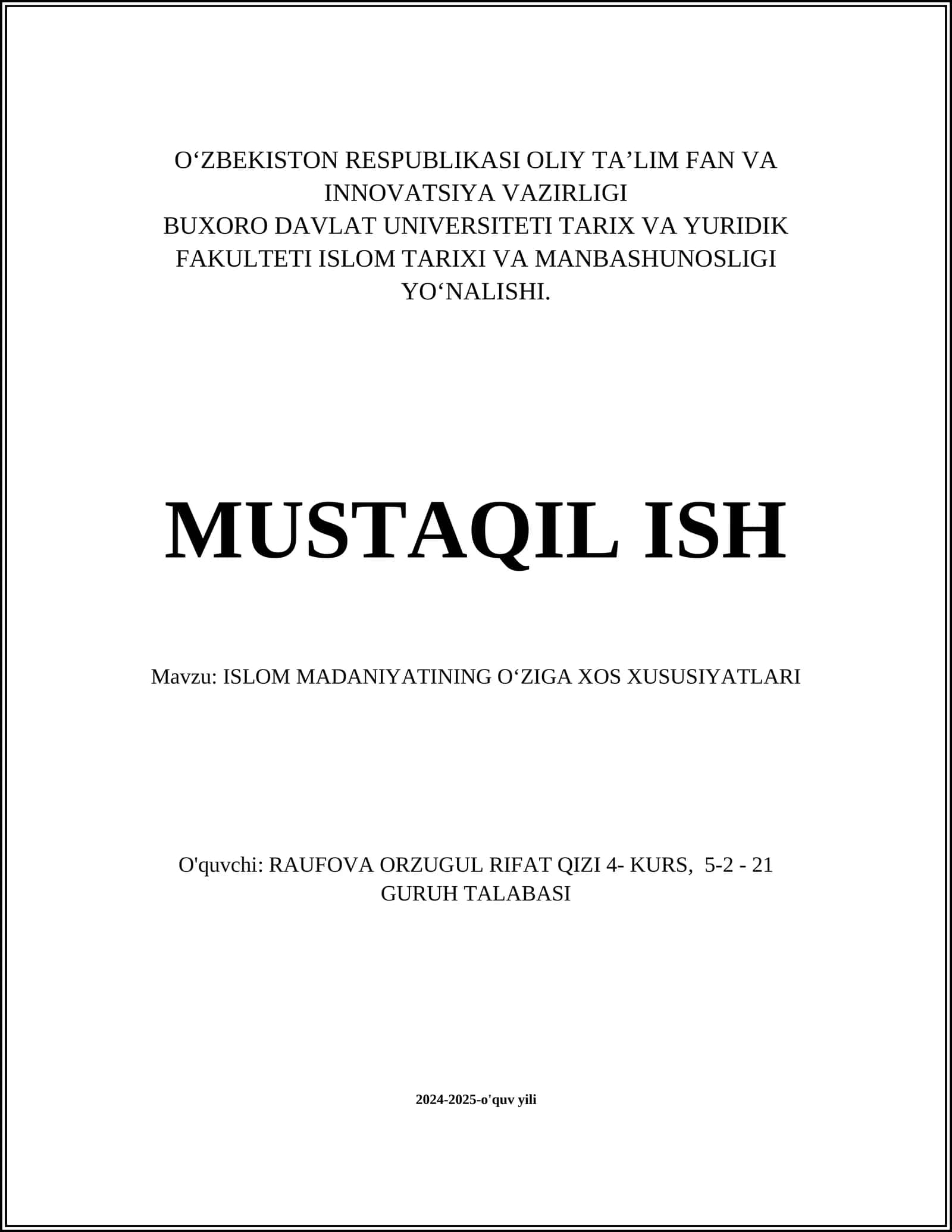 ISLOM MADANIYATINING OʻZIGA XOS XUSUSIYATLARI 1