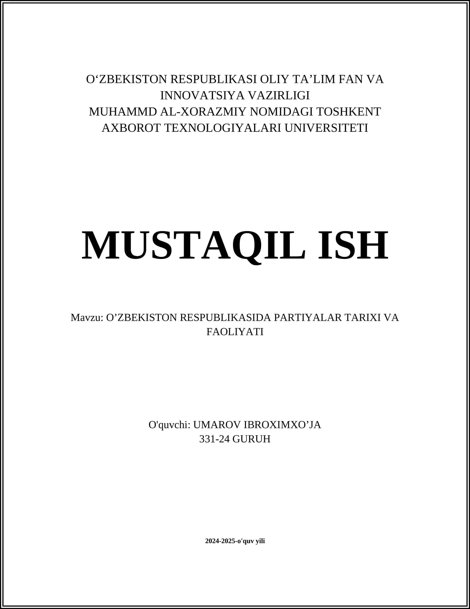 O'ZBEKISTON RESPUBLIKASIDA PARTIYALAR TARIXI VA FAOLIYATI 1