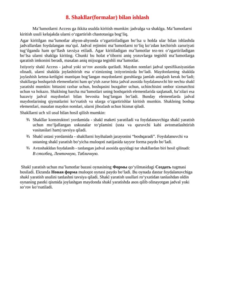 Shakllar(formalar) bilan ishlash 1