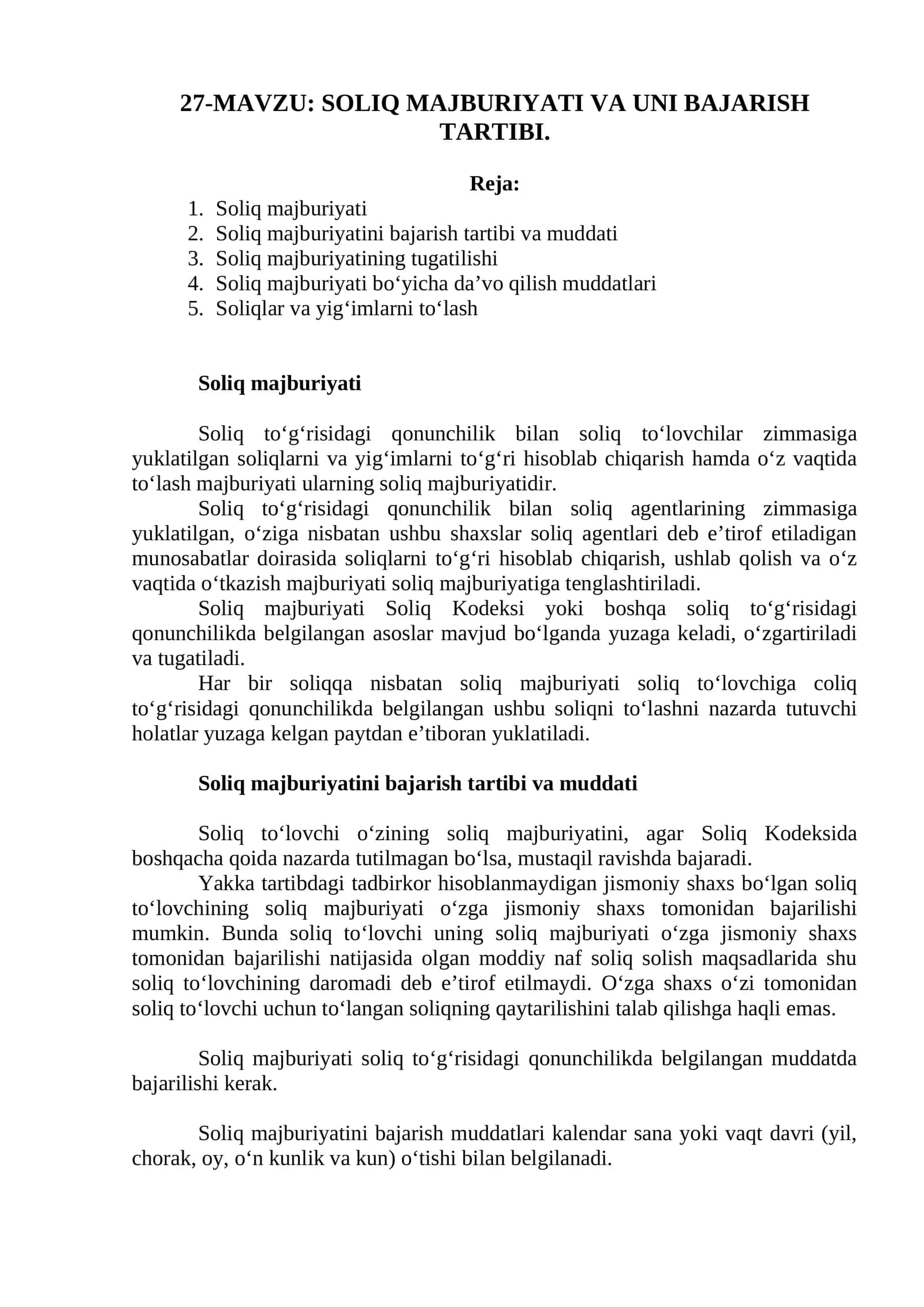 SOLIQ MAJBURIYATI VA UNI BAJARISH TARTIBI 1