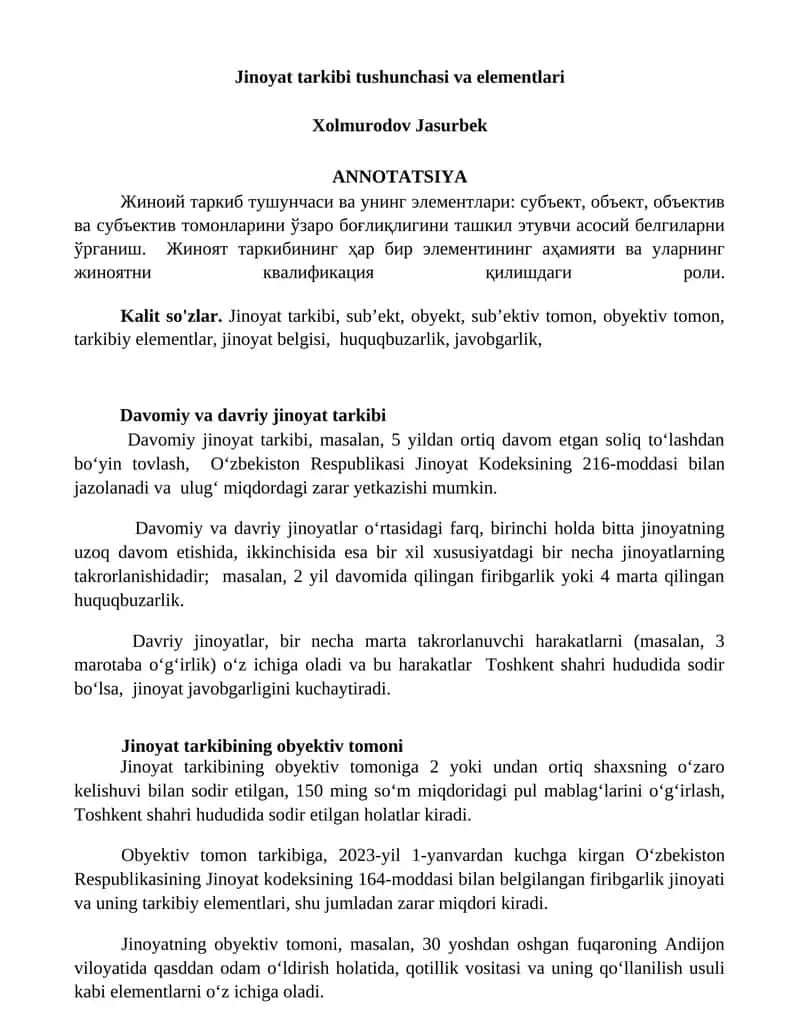 Jinoyat tarkibi tushunchasi va elementlari 1