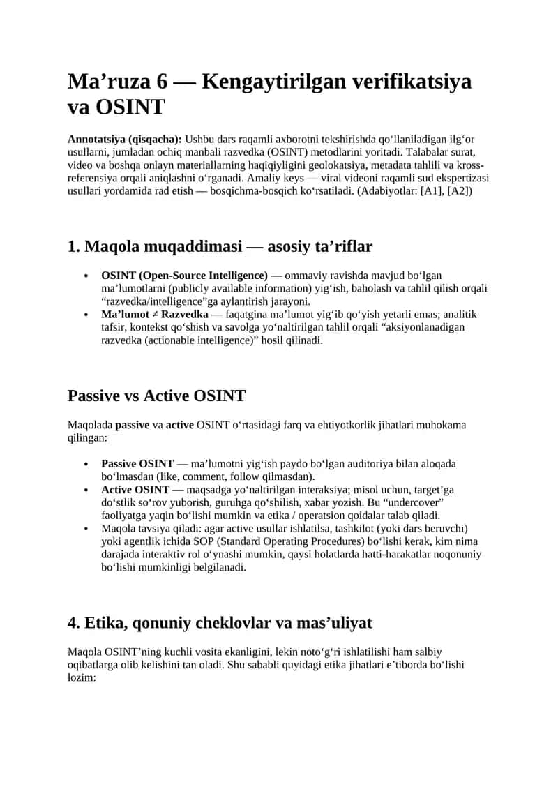 Ma’ruza 6 —Kengaytirilgan verifikatsiya va OSINT 1