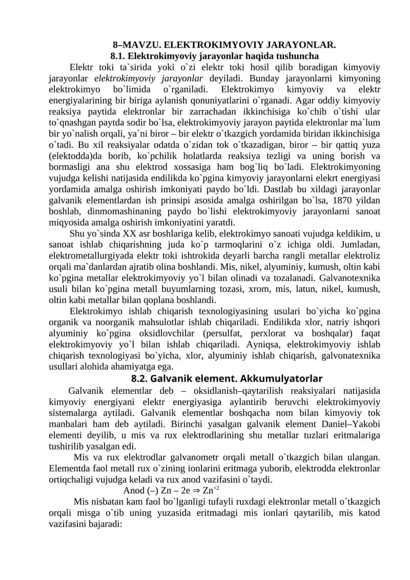 ELЕKTROKIMYOVIY JARAYONLAR 1