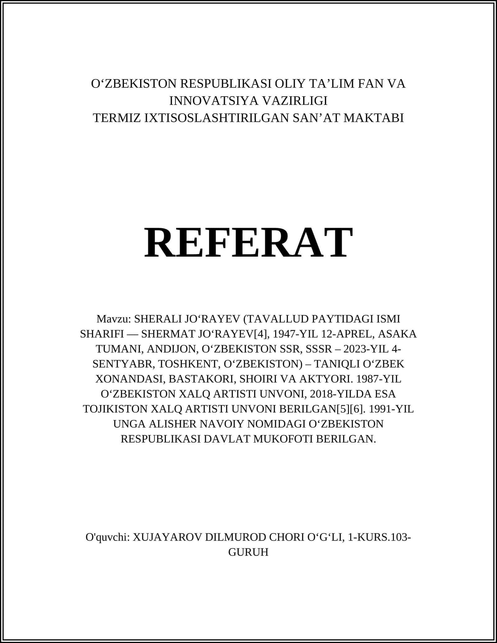 REFERAT Mavzu: SHERALI JOʻRAYEV 1