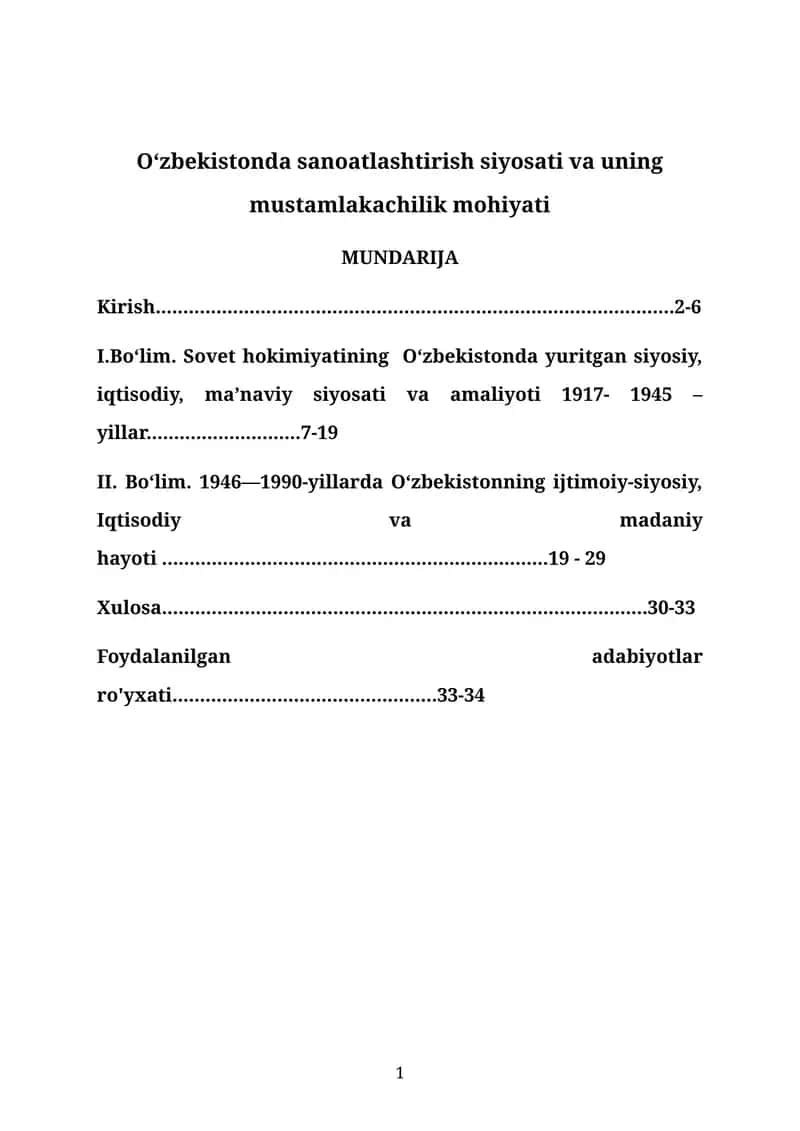 O‘zbekistonda sanoatlashtirish siyosati va uning mustamlakachilik mohiyati 1
