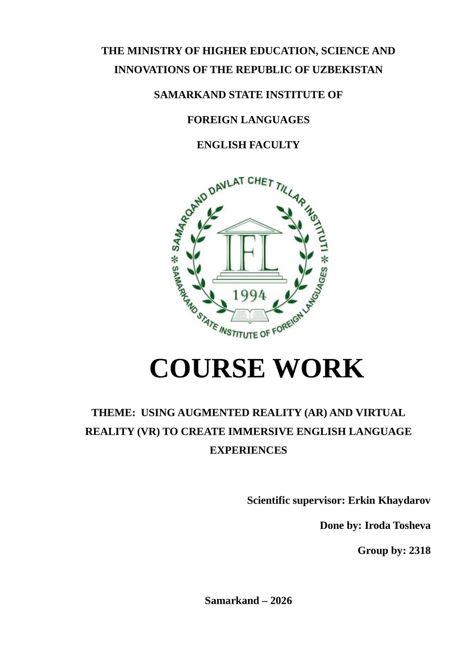 Course Work on Using Augmented Reality and Virtual Reality in English Language 1