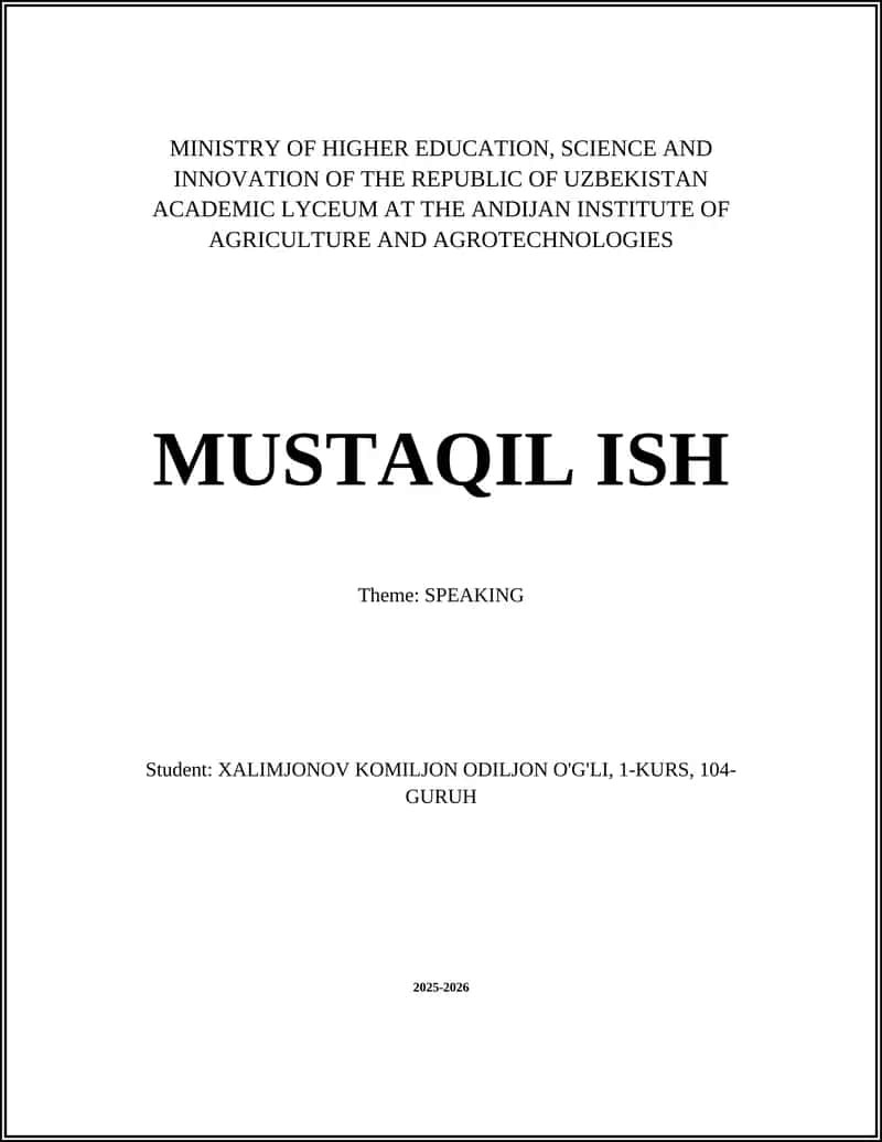 MUSTAQIL ISH: SPEAKING 1