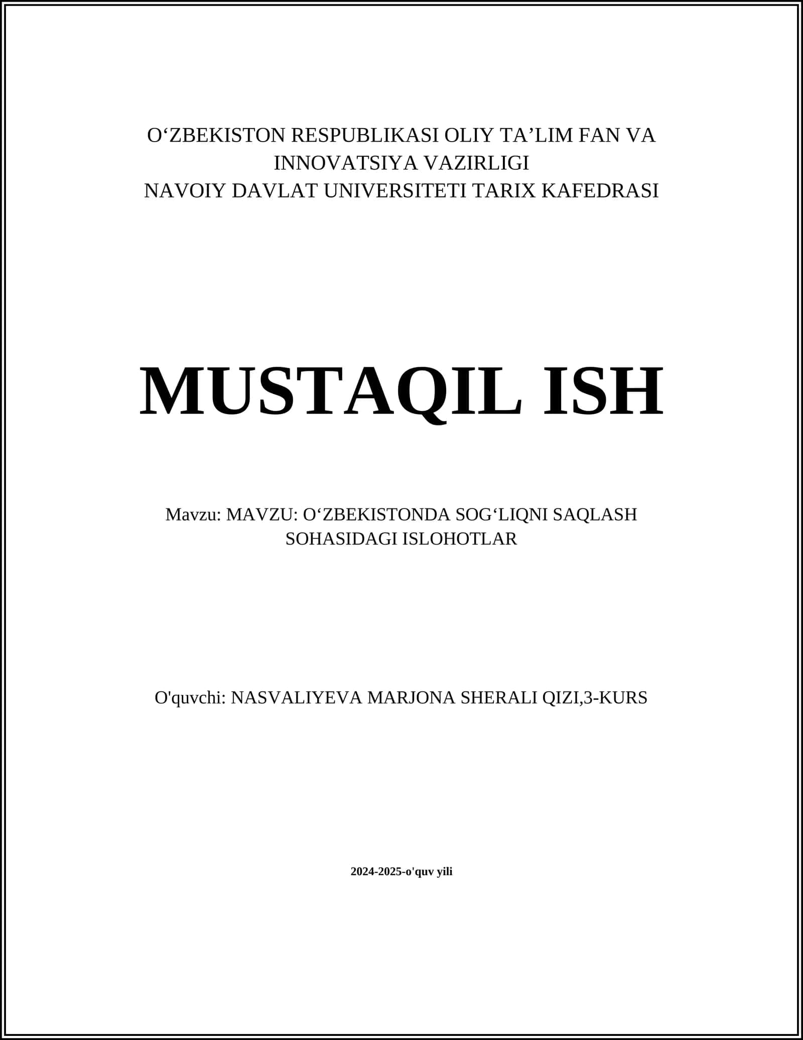 O‘ZBEKISTONDA SOG‘LIQNI SAQLASH SOHASIDAGI ISLOHOTLAR 1