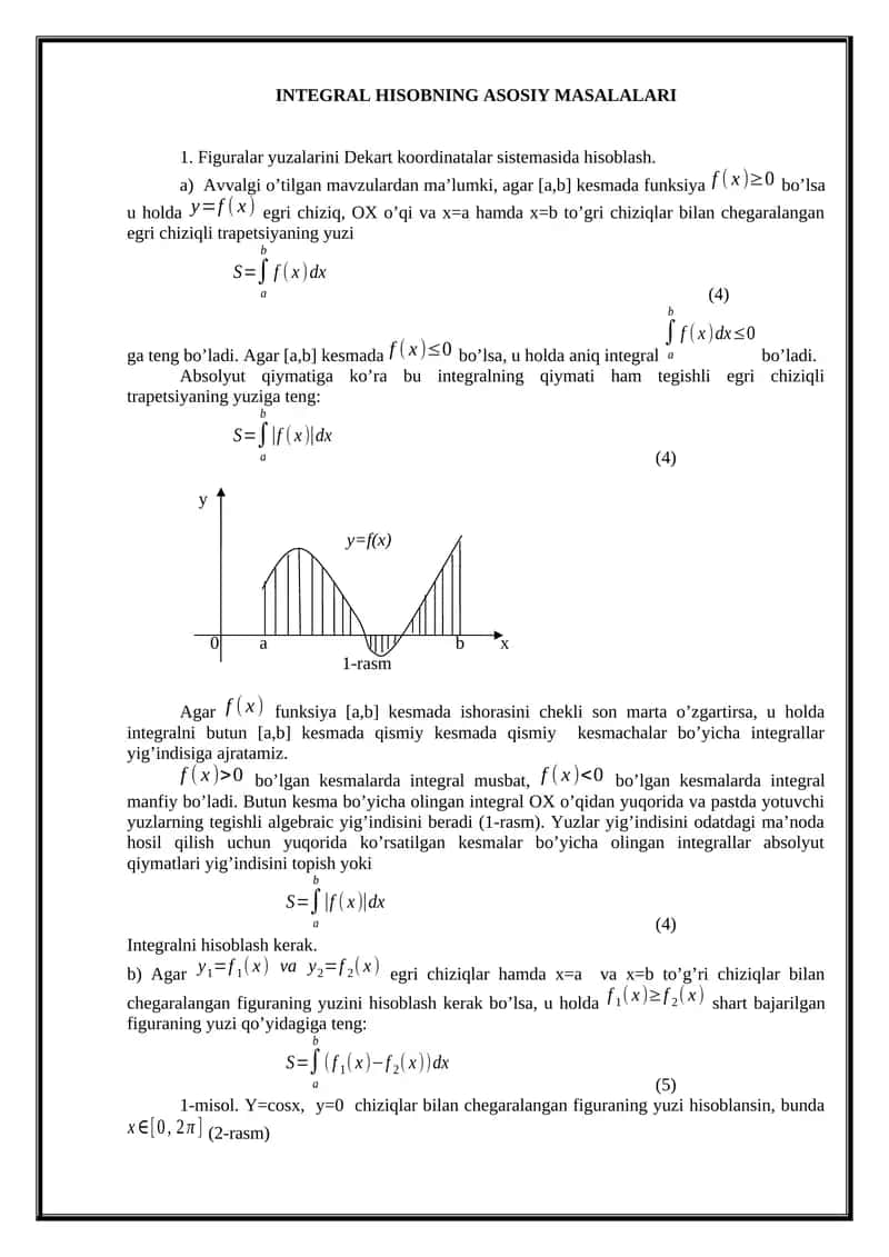 INTEGRAL HISOBNING ASOSIY MASALALARI 1