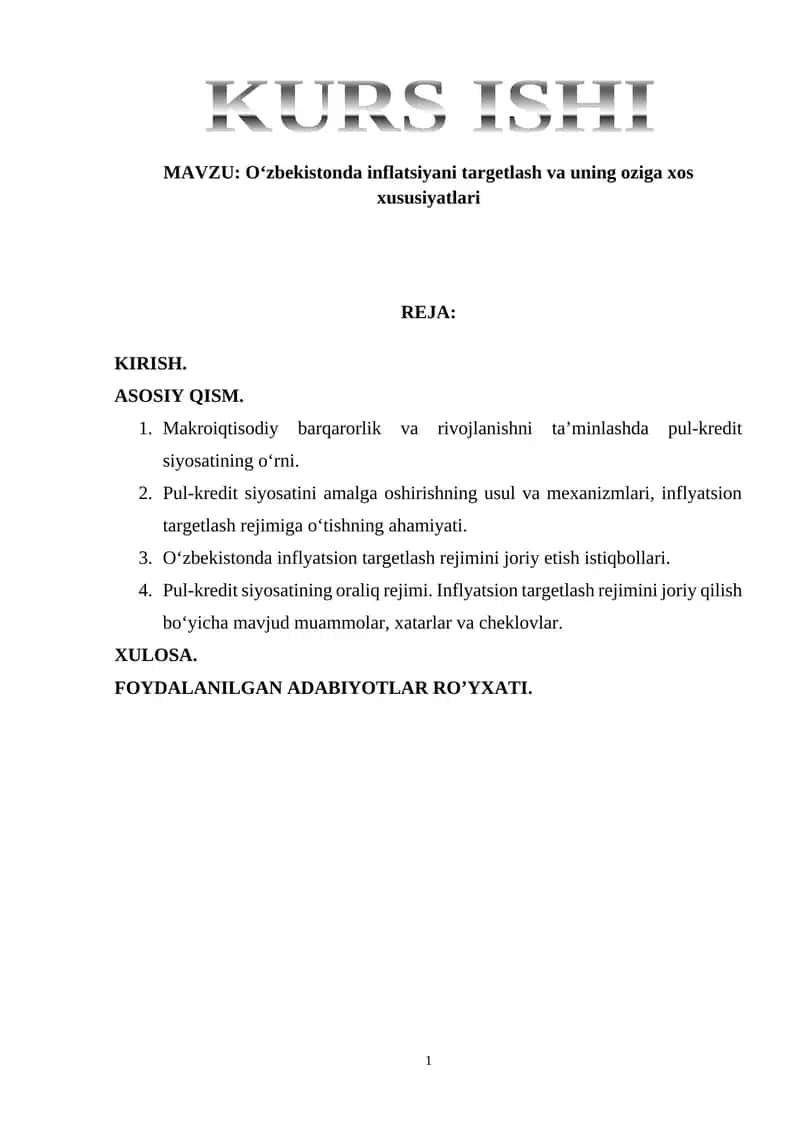 O‘zbekistonda inflatsiyani targetlash va uning oziga xos xususiyatlari 1