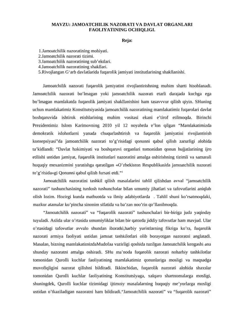 Jamoatchilik nazorati va davlat organlari faoliyating ochiqrishi