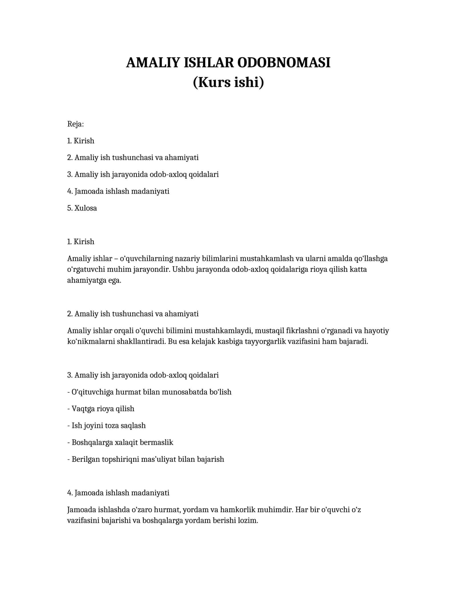 AMALIY ISHLAR ODOBNOMASI (Kurs ishi) 1