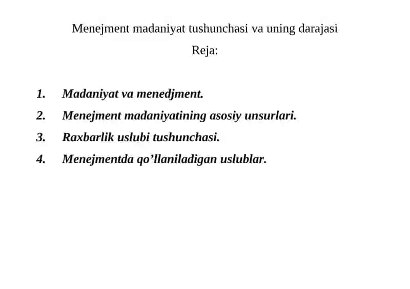 Menejment madaniyat tushunchasi va uning darajasi