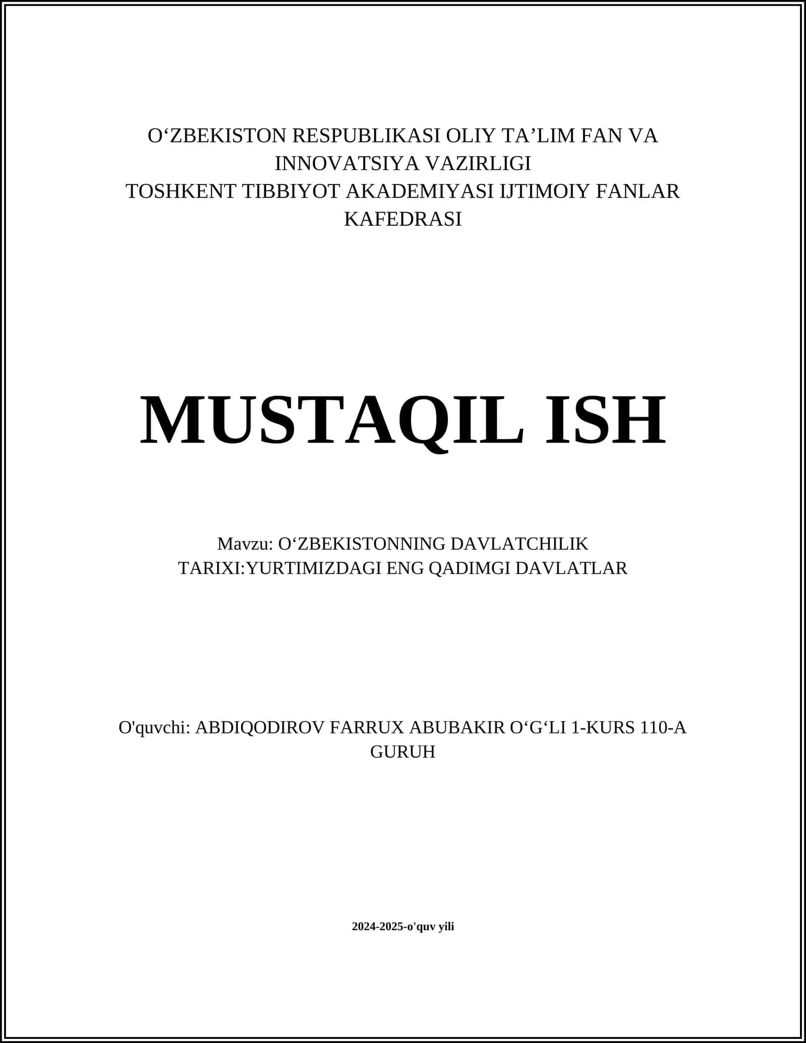 O'zbekistonning Davlatchilik Tarixi 1