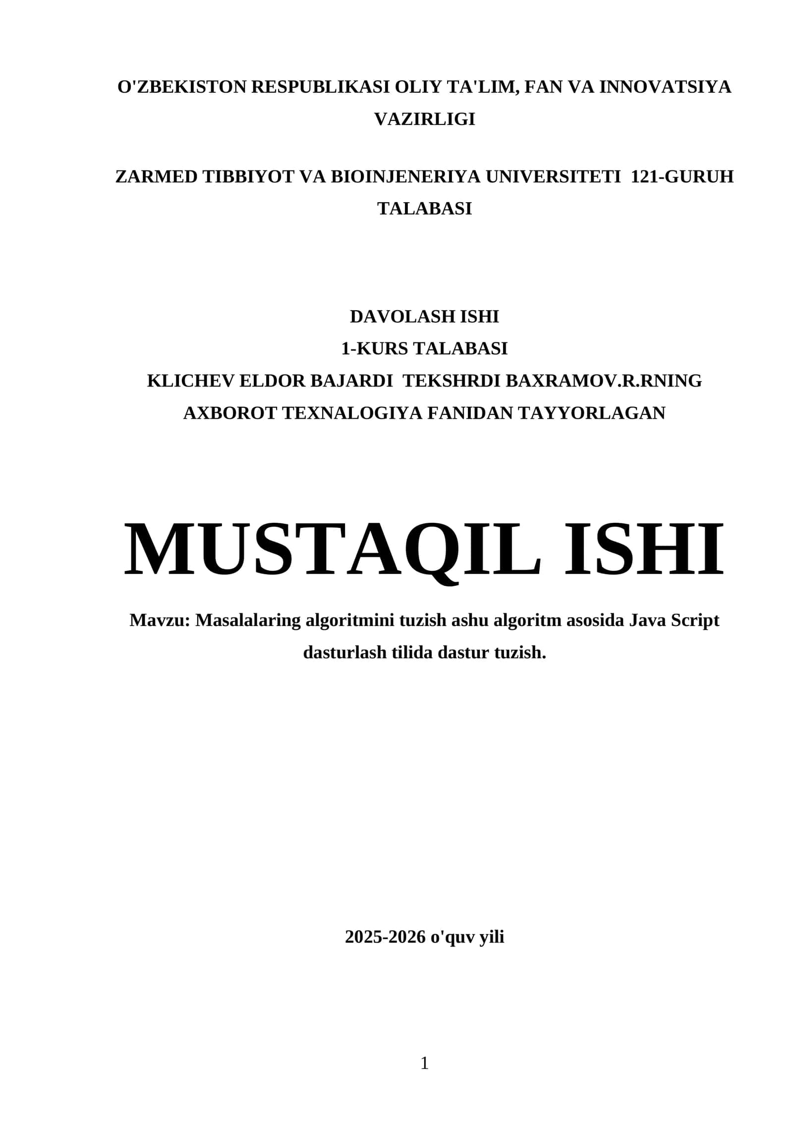 Masalalaring algoritmini tuzish ashu algoritm asosida Java Script dasturlash tilida dastur tuzish 1