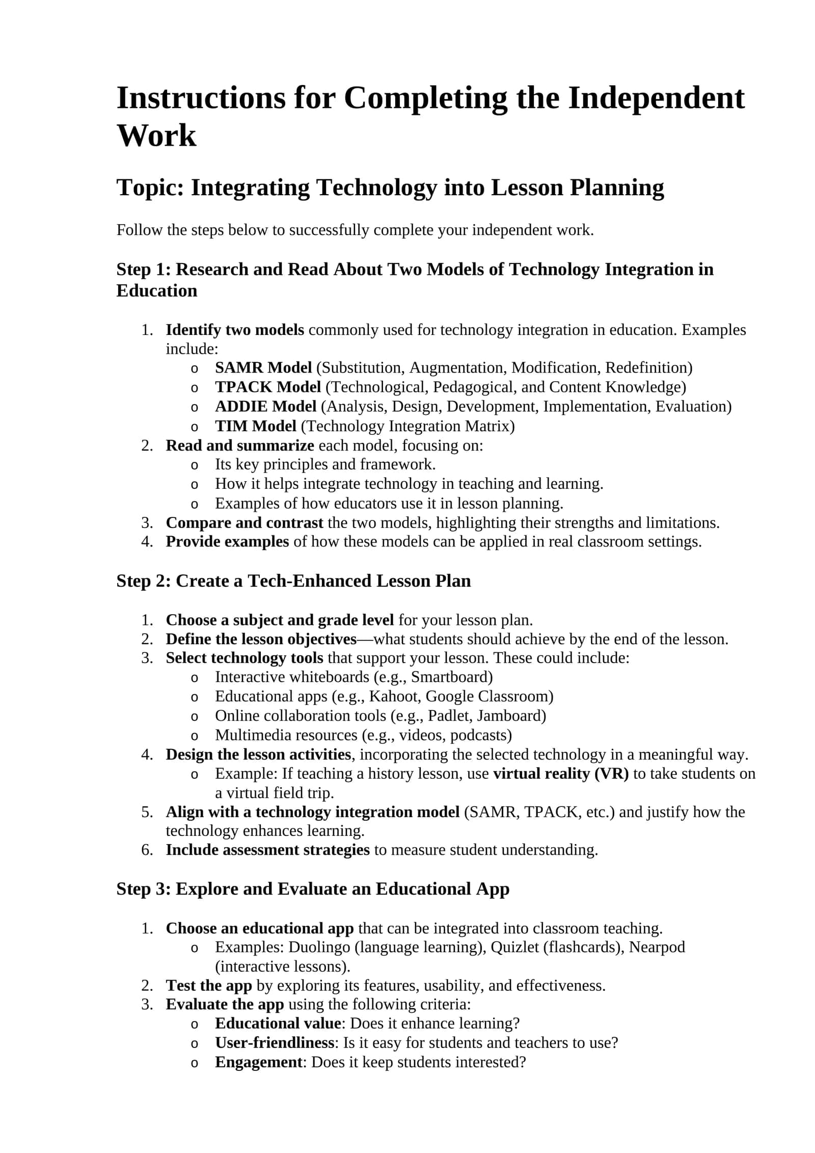 Instructions for Completing the Independent Work 1