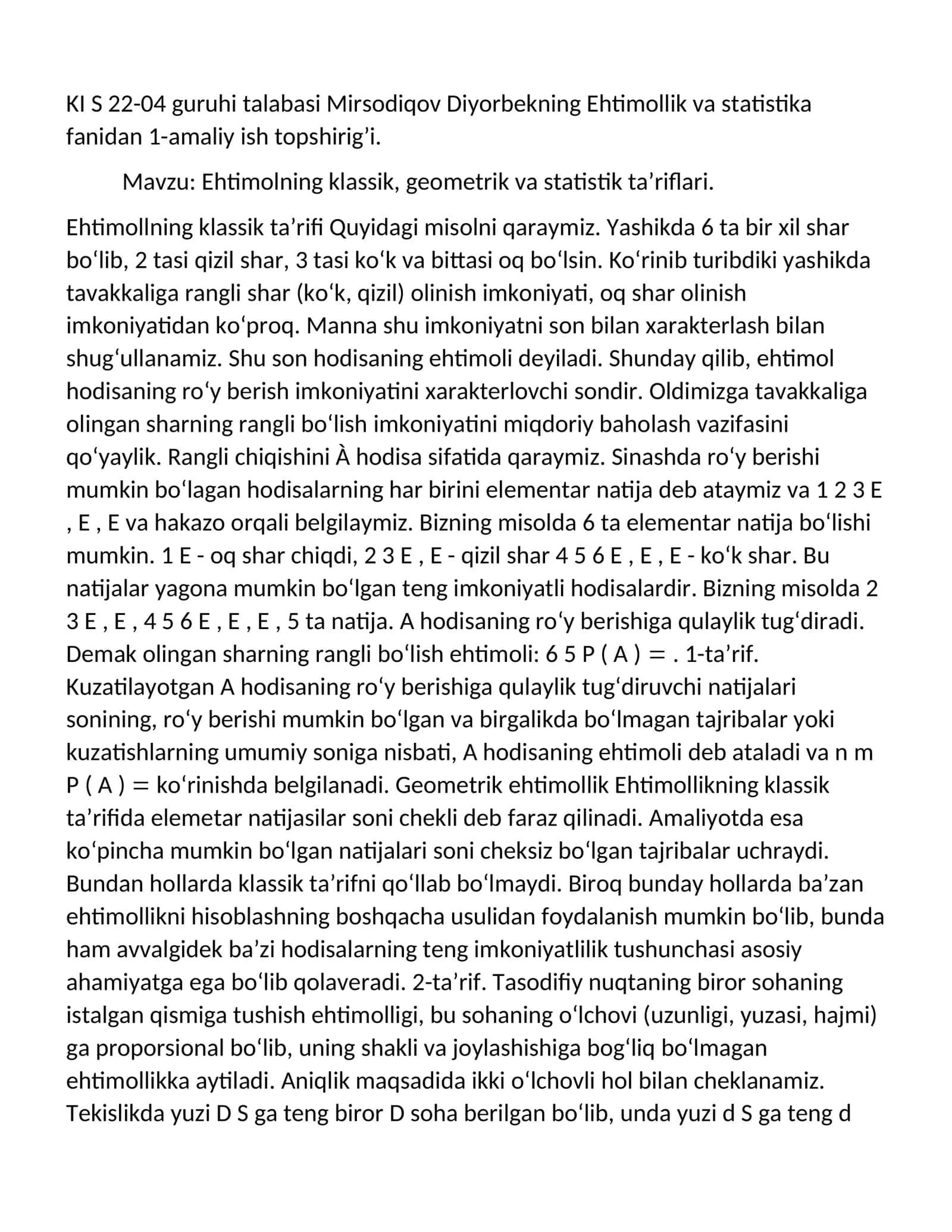 Ehtimolning klassik, geometrik va statistik ta’riflari 1