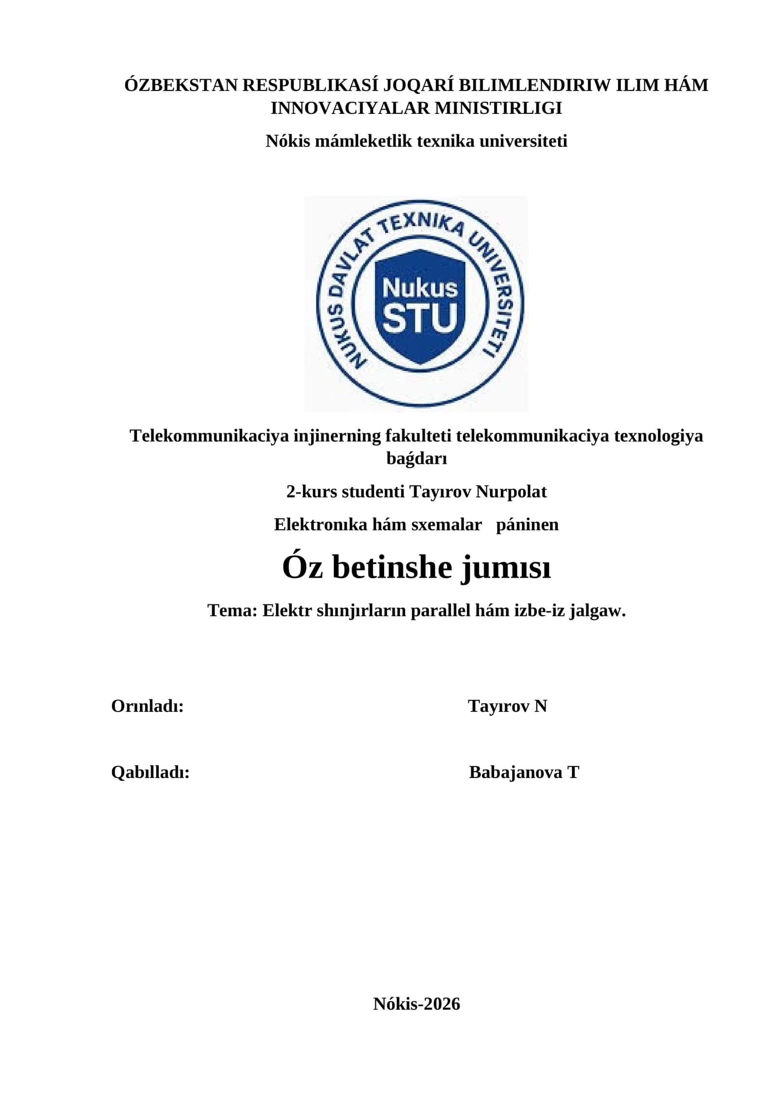 Elektr shınjırların parallel hám izbe-iz jalgaw 1