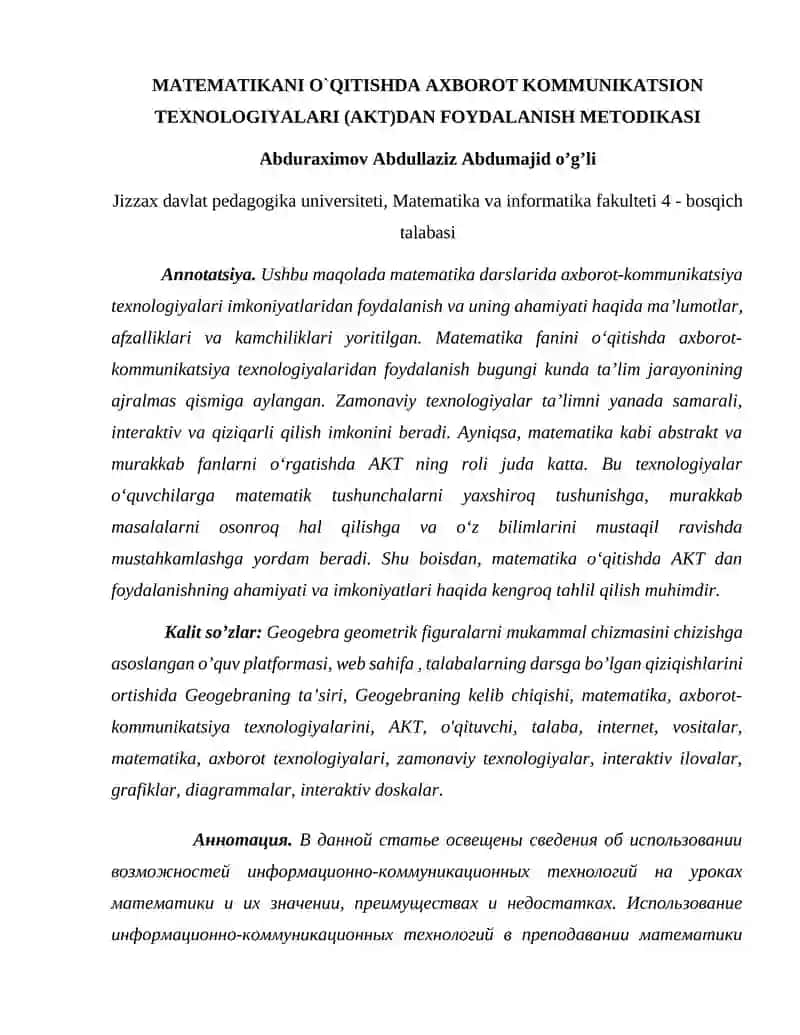 MATEMATIKANI O`QITISHDA AXBOROT KOMMUNIKATSION TEXNOLOGIYALARI (AKT)DAN FOYDALANISH METODIKASI