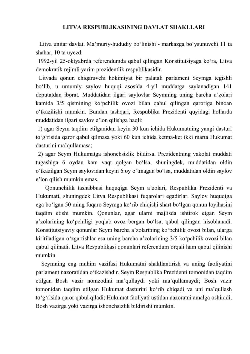 Litva Respublikasi davlat shakllari (tezis) 1