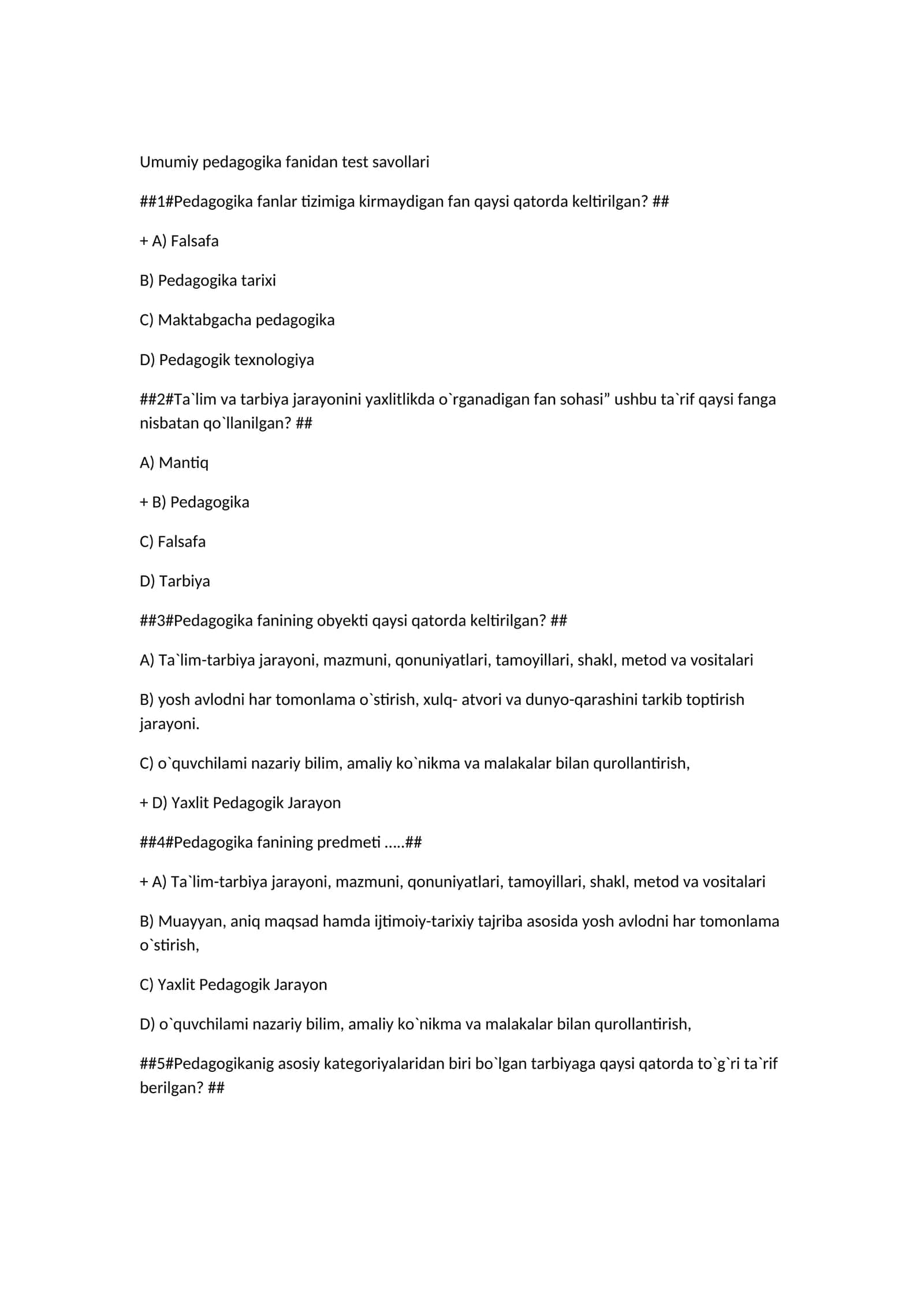 Umumiy pedagogika fanidan test savollari 1