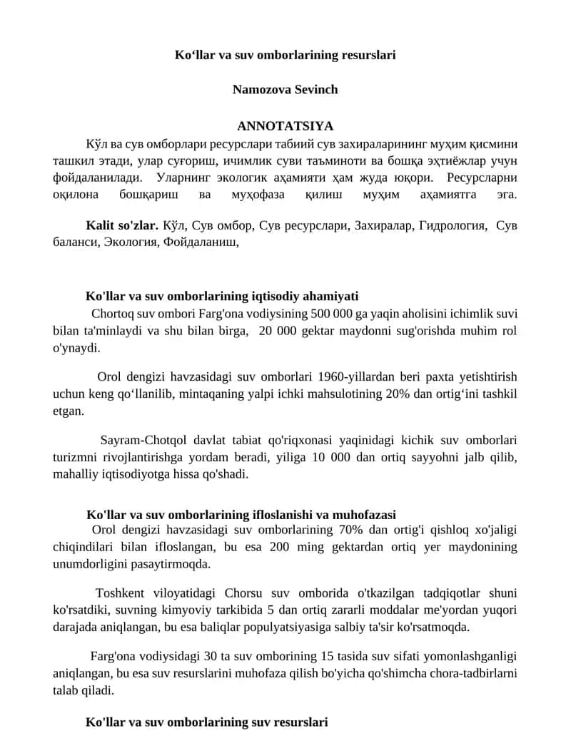 Koʻllar va suv omborlarining iqtisodiy ahamiyati 1