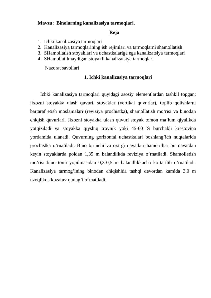 Ichki kanalizasiya tarmoqlari 1