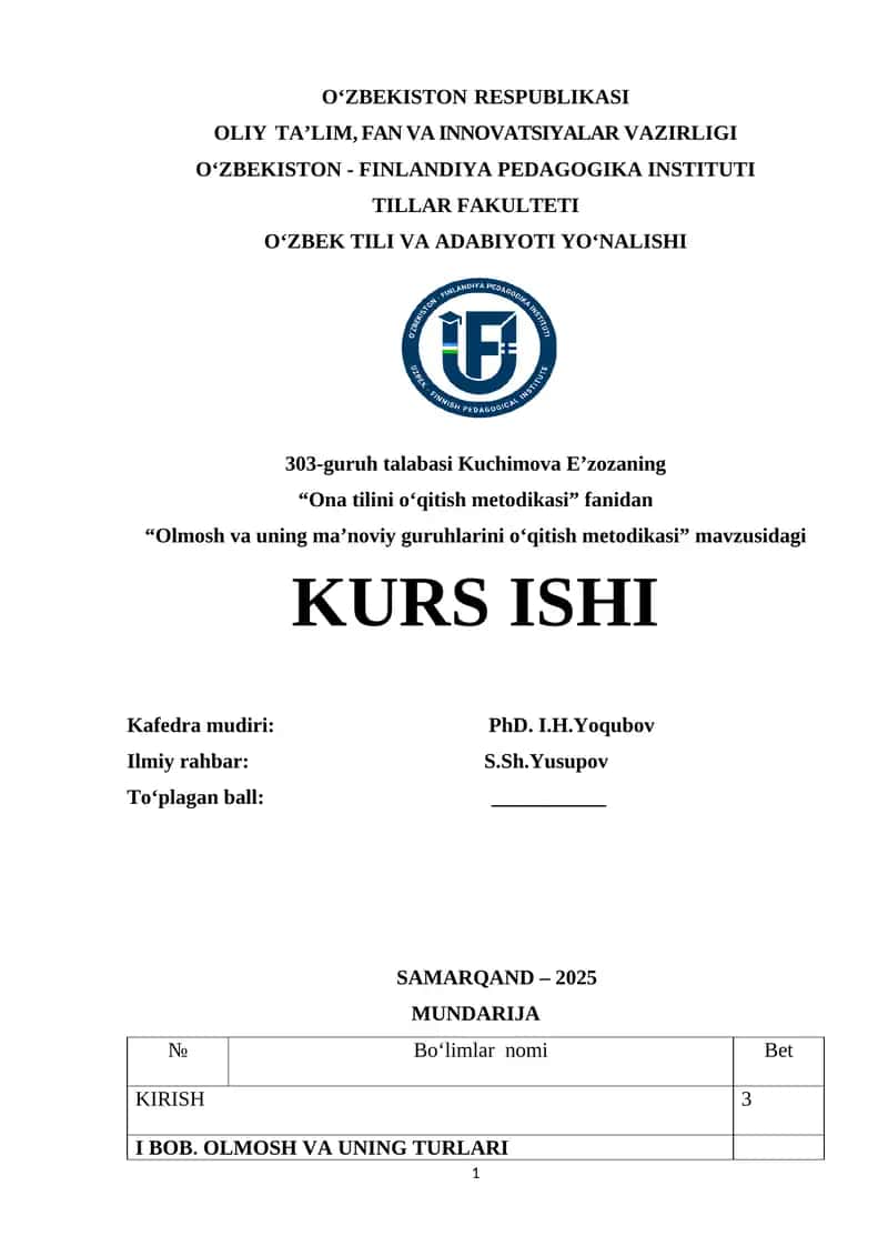 Olmosh va uning ma'noviy guruhlarini o'qitish metodikasi 1