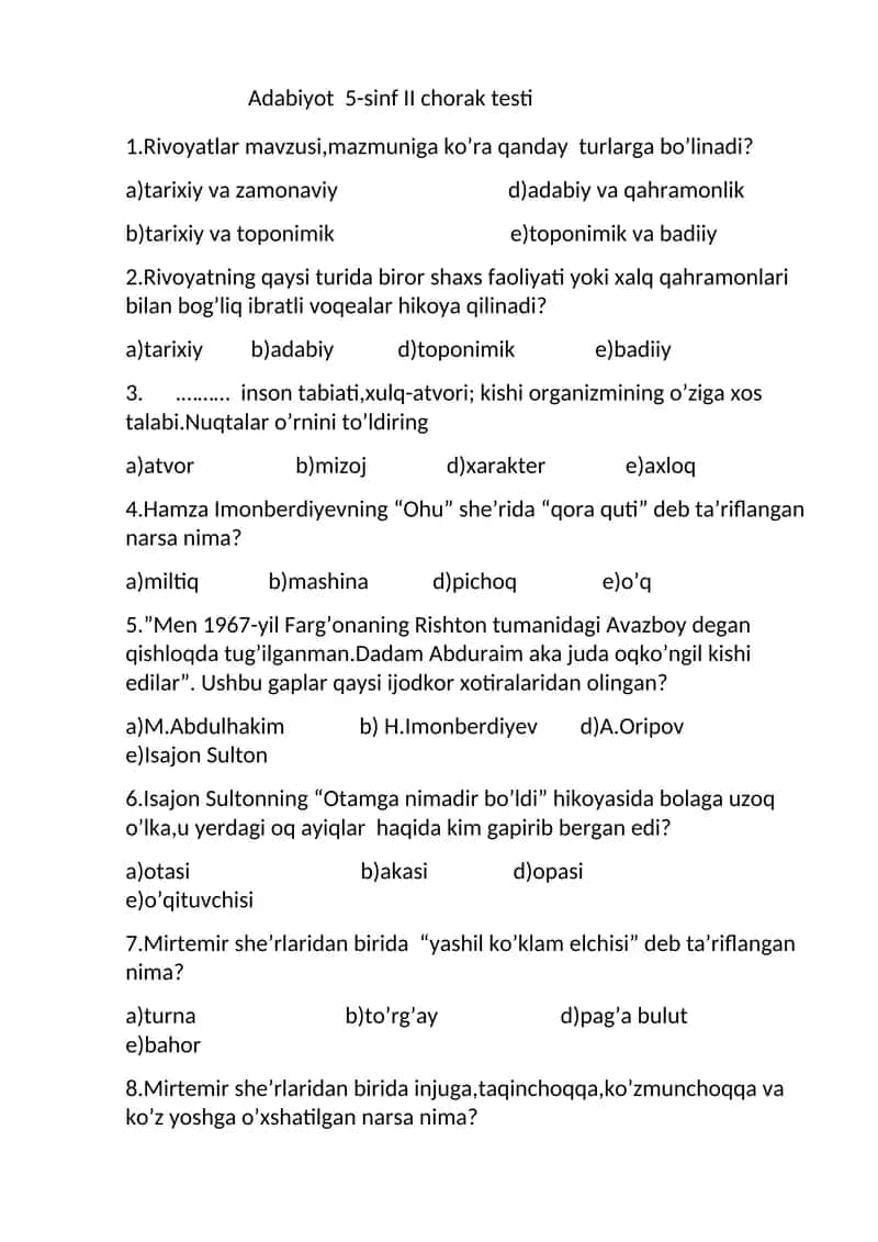 Adabiyot 5-sinf II chorak testi 1