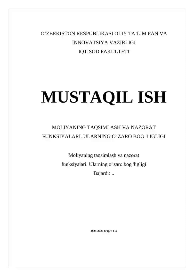 Moliyaning taqsimlash va nazorat funksiyalari