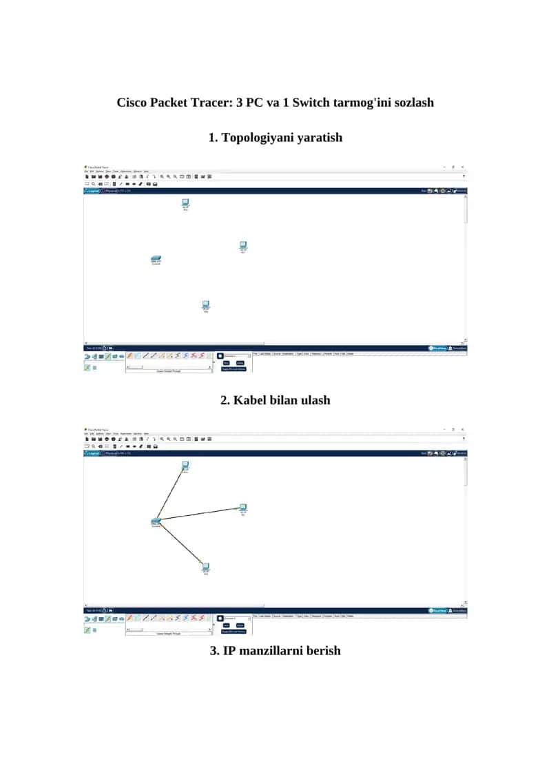 Cisco Packet Tracer: 3 PC va 1 Switch tarmog'ini sozlash 1