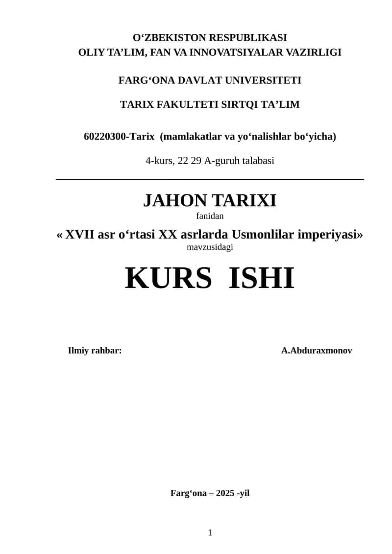 XVII asr oʻrtasi XX asrlarda Usmonlilar imperiyasi 1