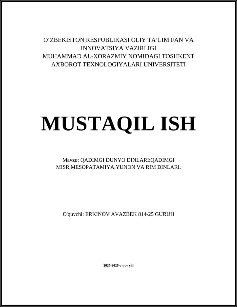QADIMGI DUNYO DINLARI:QADIMGI MISR,MESOPATAMIYA,YUNON VA RIM DINLARI 1