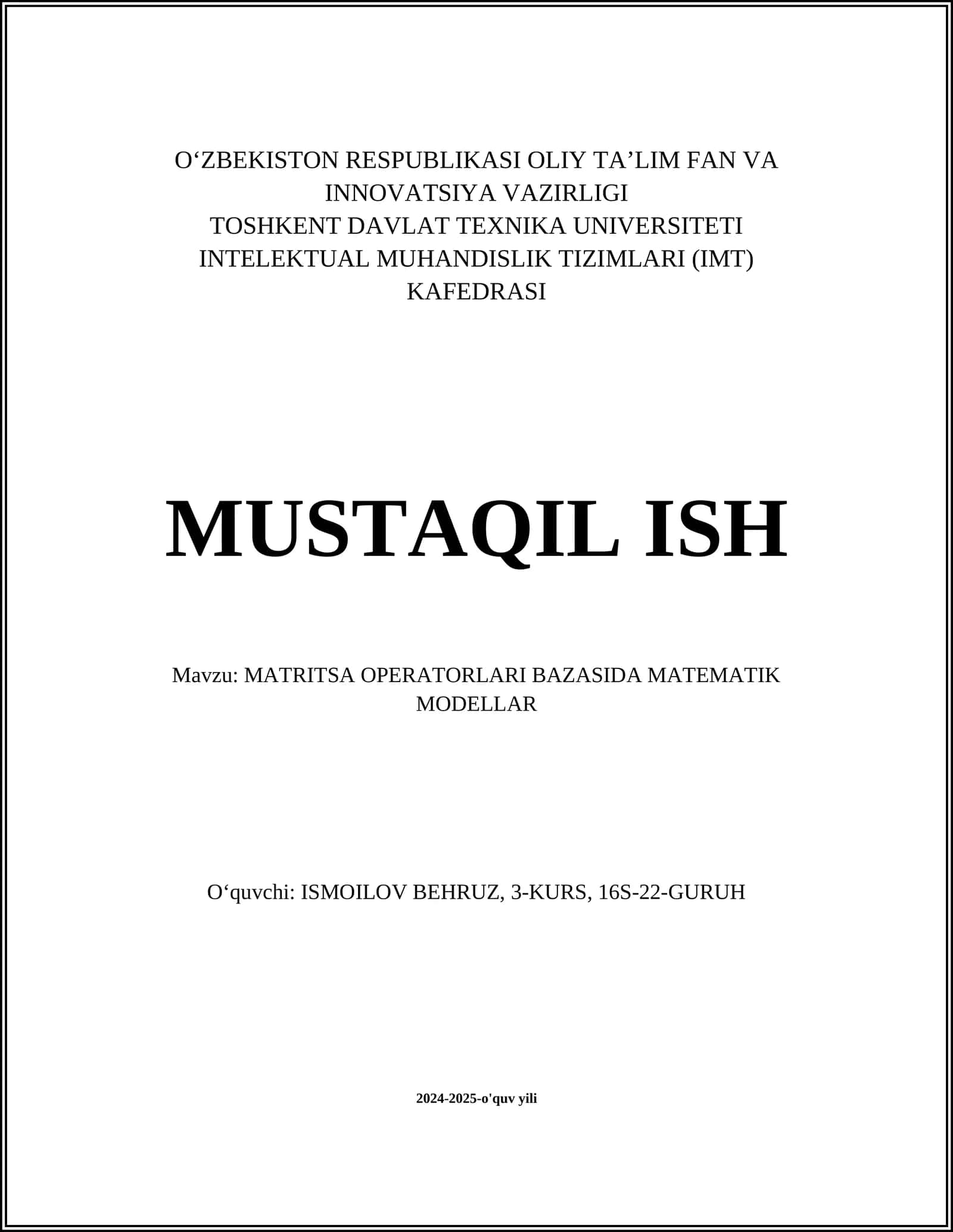 MATRITSA OPERATORLARI BAZASIDA MATEMATIK MODELLAR 1
