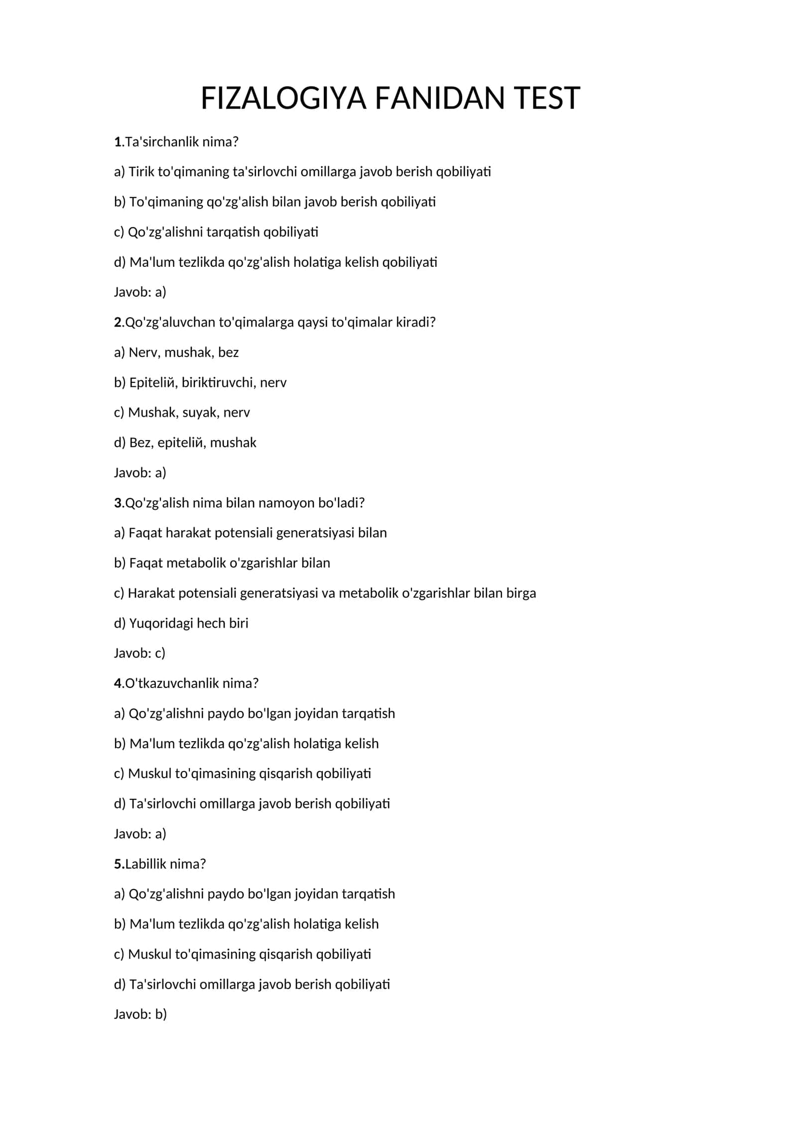 FIZALOGIYA FANIDAN TEST 1