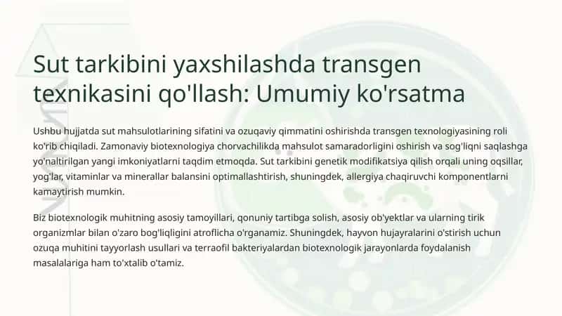Sut tarkibini yaxshilashda transgen texnikasini qo'llash 1