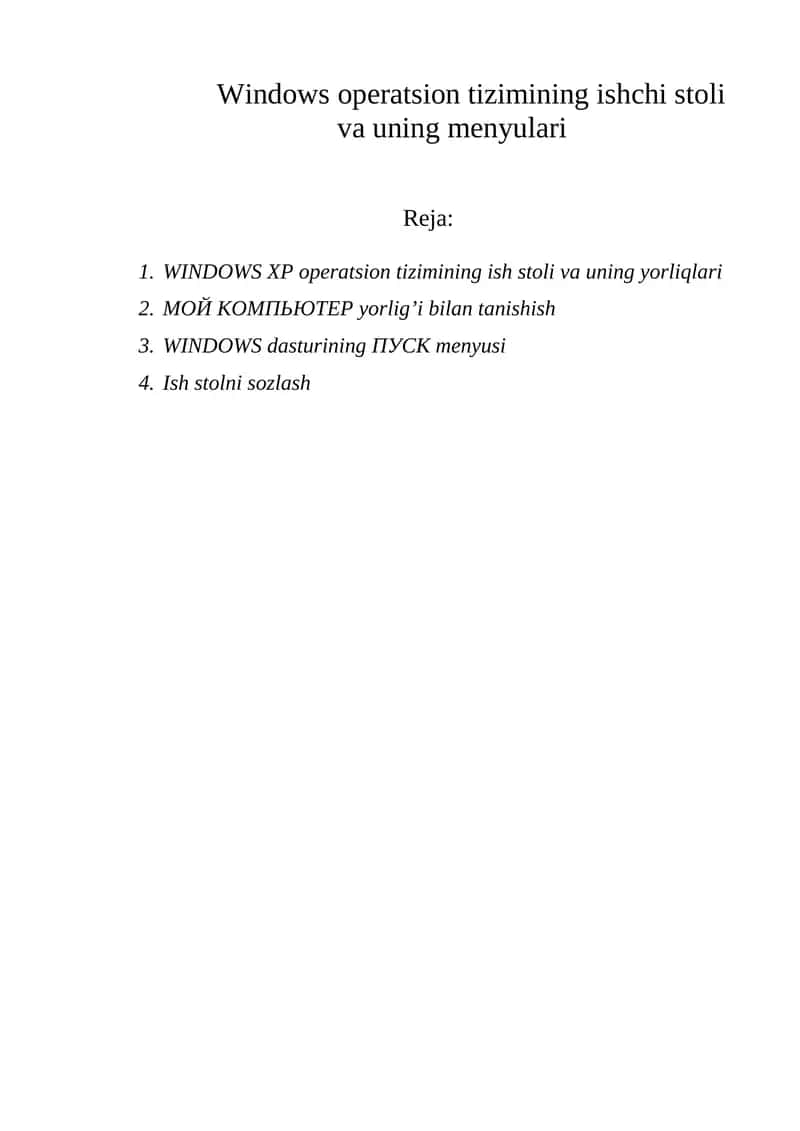 Windows operatsion tizimining ishchi stoli va uning menyulari 1