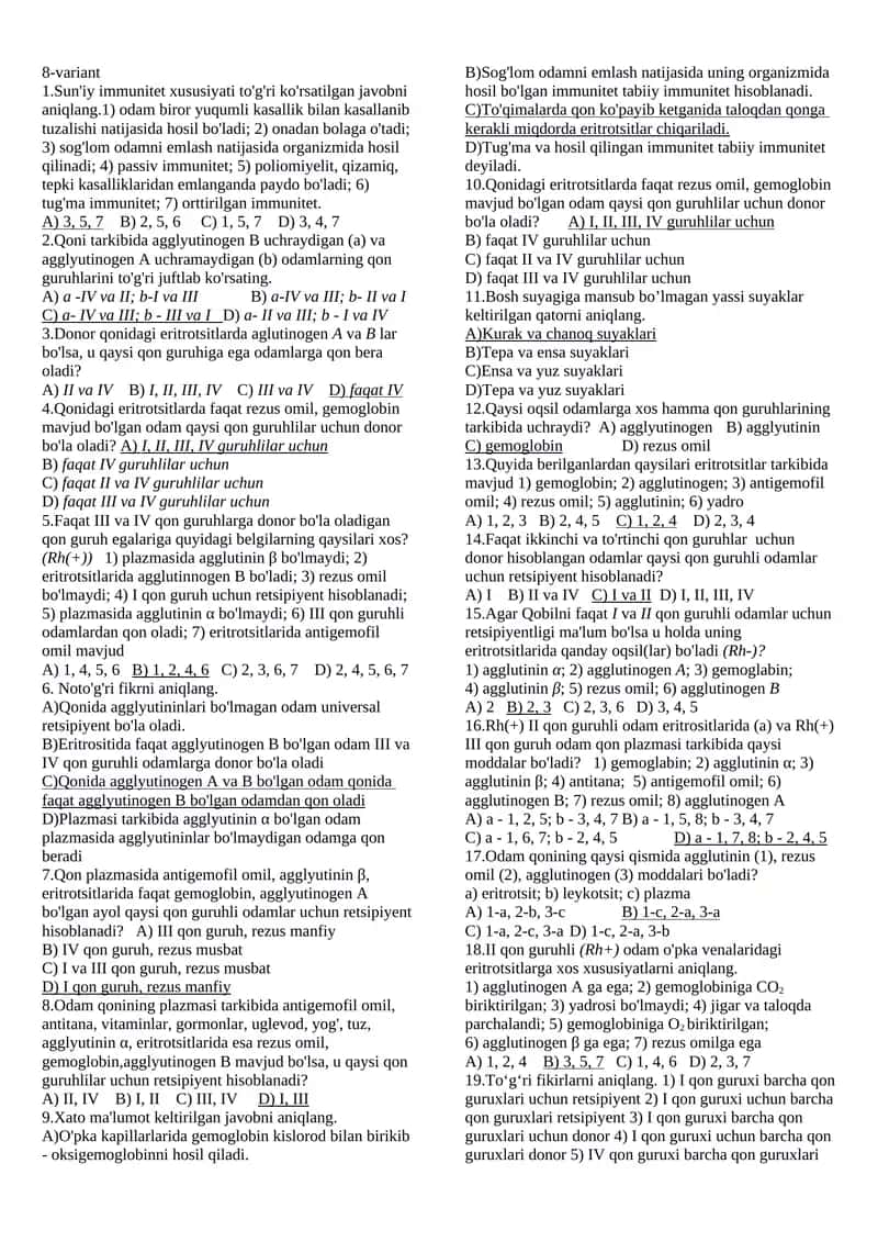 qon mavzusida test Biologiya javobli 1