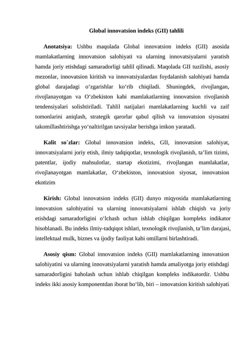 Global innovatsion indeks (GII) tahlili 1