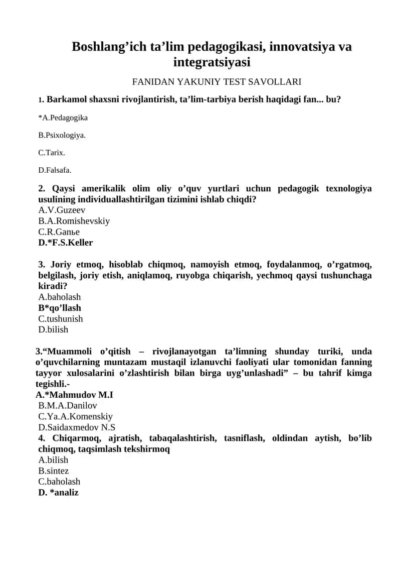FANIDAN YAKUNIY TEST SAVOLLARI 1