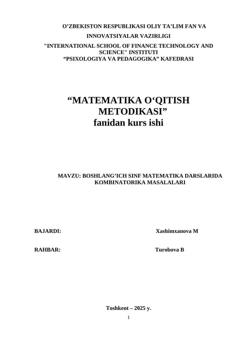 BOSHLANG’ICH SINF MATEMATIKA DARSLARIDA KOMBINATORIKA MASALALARI. 1